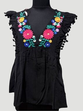 Umgee Black Tunic boho with Multicolor Floral Embroidery size S